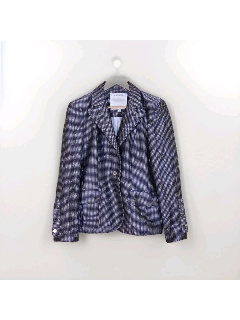 Walter Baker Blazer US 10 Black Gray Off White Micro Check Fitted Sheen Office
